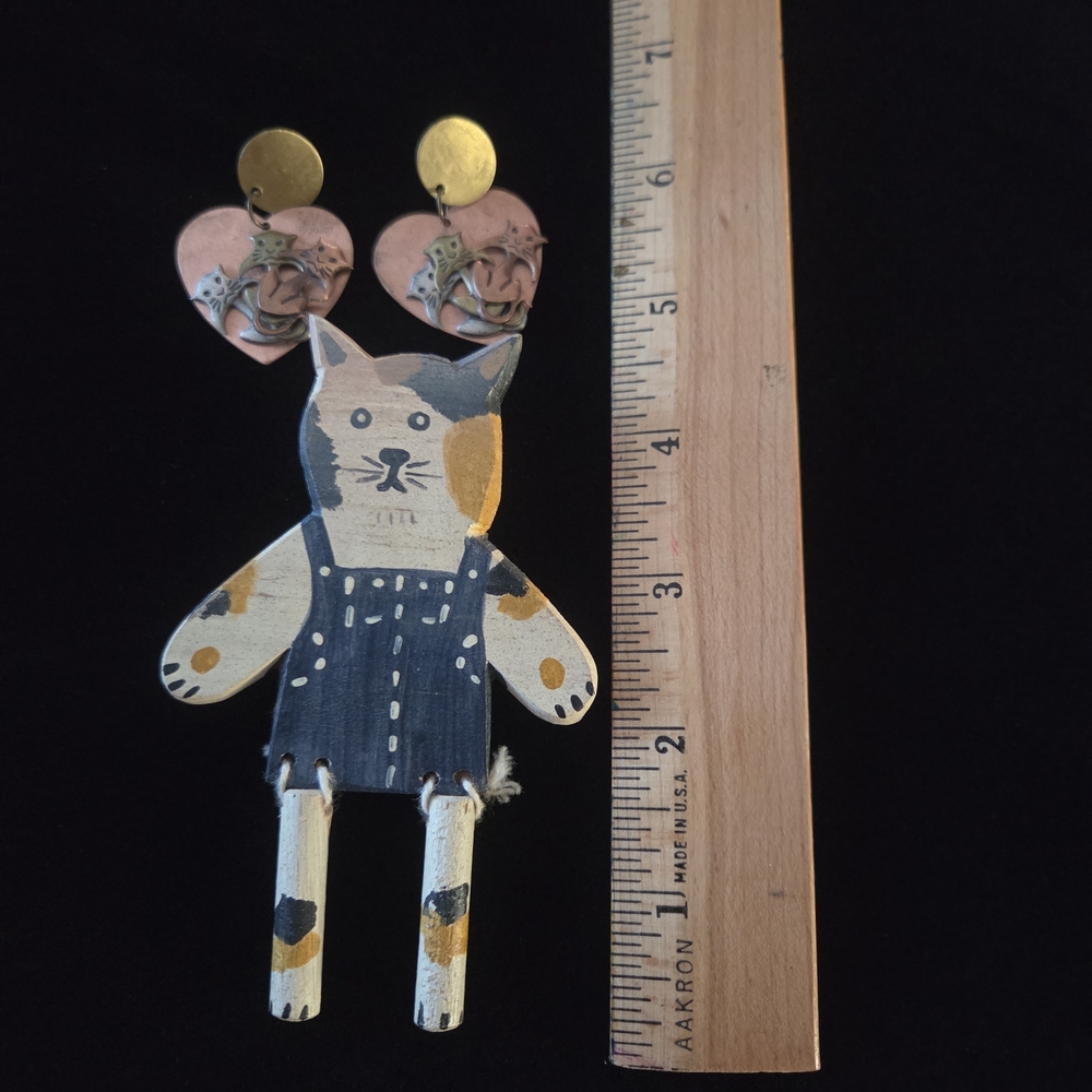 Vtg Cat Wooden Brooch & Earrings - Picture 2 of 5